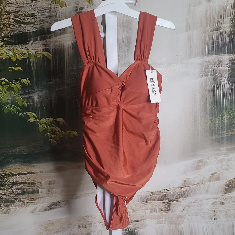 NWT! Missky Womens Small copper rust wide straps ruched one piece Swim Suit